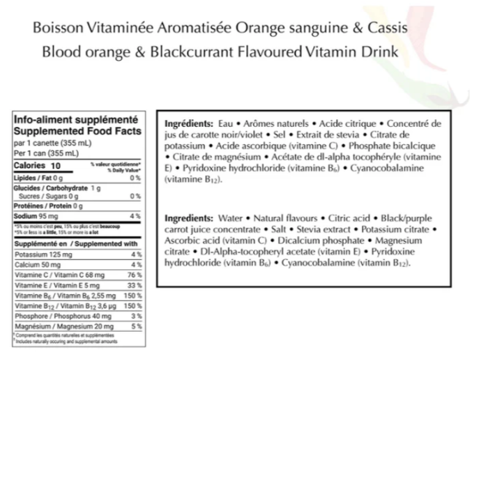 Eau vitaminée avec électrolytes & antioxydants - Orange sanguine & Cassis ohydration valeurs