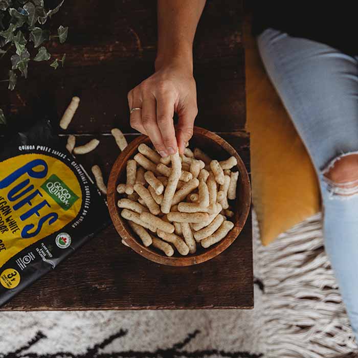 Puffs au quinoa sans gluten & véganes - Fauxmage Cheddar blanc